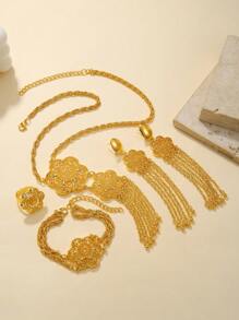 5pcs/Set Fashion Gold Plated Jewelry Set, Round Flower Cutout Yellow Gold Necklace Bracelet Earrings Ring, Suitable For Women's Holiday Wear, Wedding Jewelry