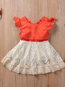 Toddler Baby Girls Summer Rompers Short Sleeve Floral Print Bodysuit Lace Ruffle Tulle Skirt Hem - 米色 - 查看 3