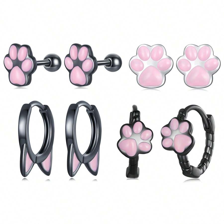 bamoer 1 件 925 纯银可爱黑粉色猫耳圈耳环女式迷你可爱宠物爪耳钉夹女孩生日珠宝礼物