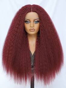 Kinky Straight Lace Front Wig 28Inch Synthetic T-Part 13x5x1 Long Lace Wigs Afro Yaki Straight Wigs Ombre Brown