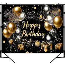 1件裝黑金生日背景布條，聚酯纖維材質，多尺寸可選，黑金氣球生日煙火設計，四季派對裝飾，適用於派對、室內外花園裝飾、生日派對等 - 彩色 - 查看 3