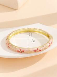 1pc Fashionable Gold-Plated Floral Enamel Oval Bangle Bracelet, Jewelry For Women & Girls - Flower - View 3