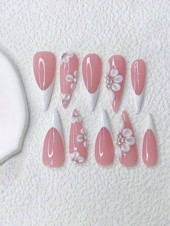 10 st vita franska mandelformade eleganta nageltips, lösnaglar med 3D-blommor och strassdekor, lämpliga för högtider och vardagsbruk, perfekt present till kvinnor och flickor