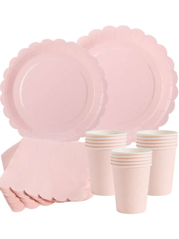 1 Set Blush Pink Floral Disposable Plates, Napkins And Cups, Suitable For 25 Guests, Disposable Paper Plates Party Supplies For Birthday, Wedding, Party, Picnic
