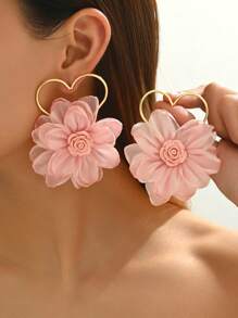 1 par de pendientes de mujer con corazón hueco y flores de tela - Rosa Pálido - Ver 2