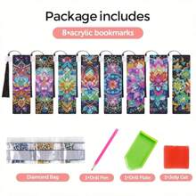 Set Of 8 Mandala Diamond Painting Bookmarks, 5D DIY Acrylic Tassel Bookmarks With Round Diamond - Geometric Themed Handcraft Kits, Suitable For Adult Beginners, Back To School Learning Supplies Gifts - Multicolor - View 8