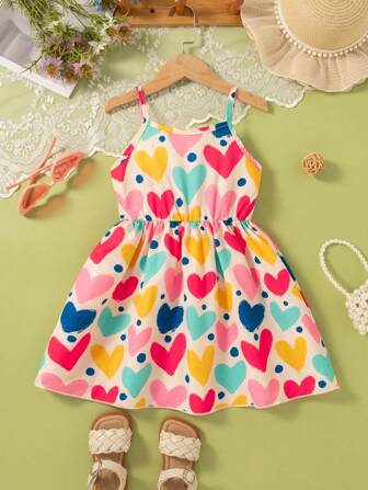 女孩日常休闲外出时尚印花爱心图案细肩带无袖常规版型膝盖长度女孩时尚连衣裙夏季