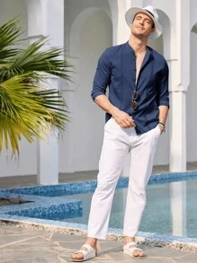 Playa De Guayabera Cubana Camisas Casual Para Hombre - Azul Marino - Ver 1