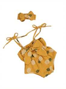 Conjunto de verano para bebé de 2 piezas, pelele con tirantes finos estampado de piña/lunares y diadema con lazo para niñas pequeñas - Amarillo - Ver 2