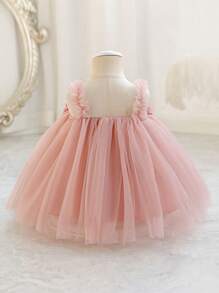Baby Girls Floral Strap Tulle Party Princess Dress, Elegant Sleeveless Dress Suitable For Baby's 1st Birthday, Wedding, Party, Holiday Celebration