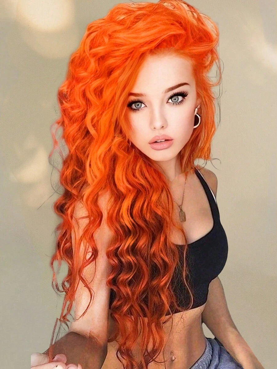 Billowig Orange Gradient Long Curly Wave Layered Synthetic Natural Fluffy Wig For Woman Valentine's Day Party Cosplay Daily Use 28 Inch - 漸層 - 查看 1