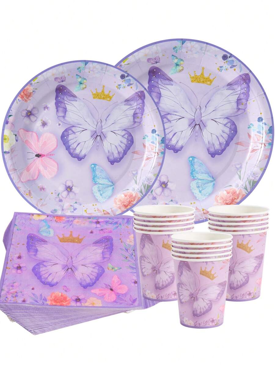 1 套 25 个紫色蝴蝶皇冠纸盘、餐巾和杯子，1 套 25 个粉色蝴蝶皇冠纸盘、餐巾和杯子，适合生日派对、家庭野餐的派对用品 - 彩色 - 查看 1