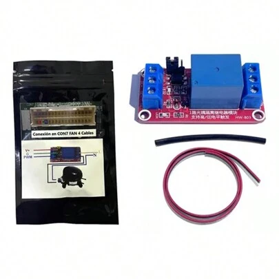Placa compatible con motor de condensador de 4 cables, señales PWM para encendido, alimentación e indicadores LED de alimentación.
