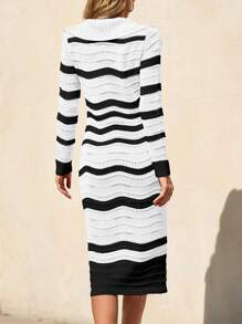Women's Striped Long Sleeve Sweater Dress Winter Casual Crochet Knit Bodycon V Neck Collared Midi - 白色 - 查看 5