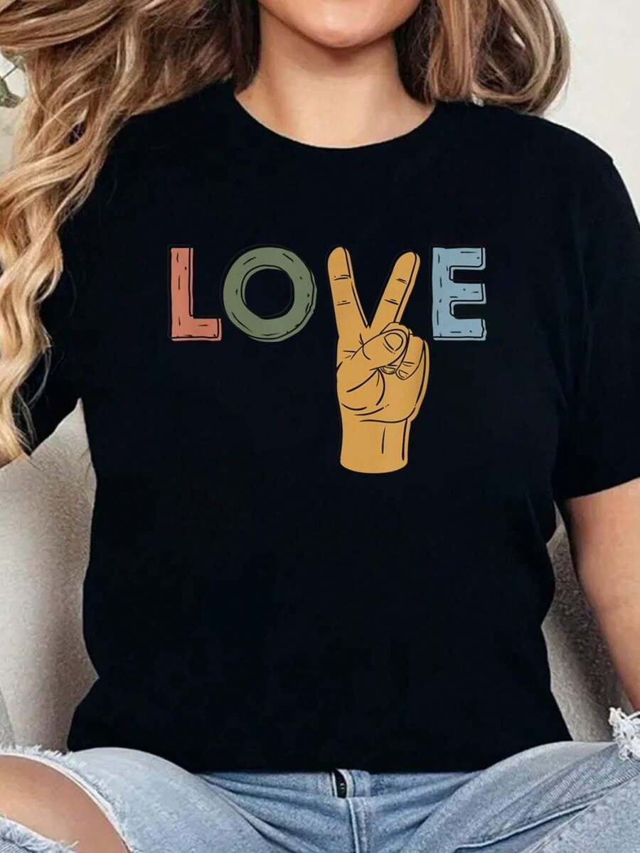 100% Cotton PEACE & LOVE - Boho Muted Earth Tones T-Shirt Print Round Neck Short Sleeve T-Shirt For Women Casual, Summer, Women Top Graphic Tees Women Tops - 黑色 - 查看 1