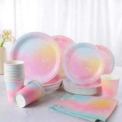 梦幻紫色一次性餐具套装，7/9 英寸派对盘子、餐巾、杯子，生日派对礼物，一次性纸盘餐巾杯，适用于生日主题派对装饰