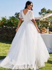 Lace Contrast Mesh Appliques Wedding Dress - White - View 2