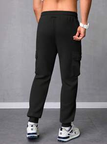 Men's Loose Jacquard Texture Sweatpants, Drawstring Cargo Harem Pants With Big Pockets, Hip Hop Casual Streetwear - 黑色 - 查看 2