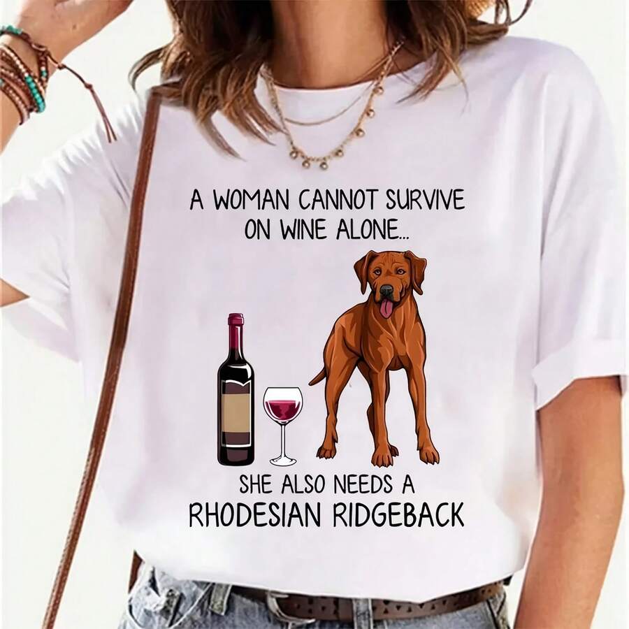 Rhodesian Ridgeback and Wine Funny Gift for Dog Mom Print T-shirts Women Short Sve Casual T Shirt Haruku Fashion Tee Shirts - Blanco - Ver 1