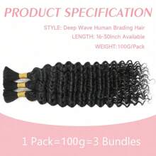 16-30 Inch Deep Wave Human Hair Bulks For Braiding Boho Braids Curly Human Hair Extensions Natural Color No Weft 3 Bundles/Pack 110g