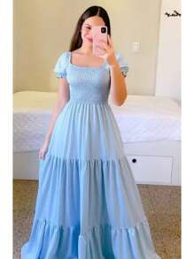 Short Sleeve Maxi Peasant Dress - Dusty Blue - View 2