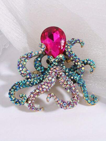دبابيس وأبرشيات فاخرة وأنيقة بتصميم أخطبوط ملون مرصع بالراين ستون للنساء، شارة بلورية فاخرة بتصميم حيوان بحري