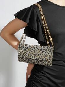 时尚 L 码豹纹闪亮奢华钻石装饰女士手提包，优雅婚礼信封手拿包方形钱包，配金属链条斜挎包，时尚优雅手提包，适合正式宴会、派对、婚礼、舞会、聚会、音乐节等场合，可作为送给女性的礼物 - 彩色 - 查看 1