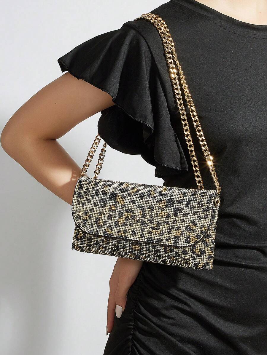 时尚 L 码豹纹闪亮奢华钻石装饰女士手提包，优雅婚礼信封手拿包方形钱包，配金属链条斜挎包，时尚优雅手提包，适合正式宴会、派对、婚礼、舞会、聚会、音乐节等场合，可作为送给女性的礼物 - 彩色 - 查看 1