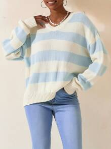 Women's Fall Striped Sweater Drop Shoulder Long Sleeve V-Neck Loose Knitted Tops