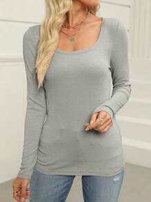 KAHULE Long Sleeve Shirts For Women Scoop Neck Fall Outfits Knit Tops Slim Fit Basic Tee - Xám - Xem 3