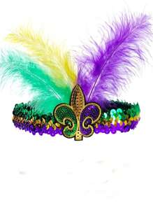 2pcs Colorful Glitter Masquerade Party Masks, Carnival Costume Props, Mardi Gras Headband With Sequins, Suitable For Mardi Gras Masquerade Ball, Party Feather Headdress In Purple, Yellow, Green, Bohemian Style For All Seasons Halloween