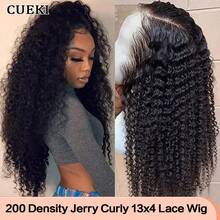 CUEKI 卷曲蕾丝前假发 13x4 高清蕾丝假发 预拔婴儿头发 卷曲卷发人发假发 200% 密度无胶假发 Jerry 卷曲人发 饱满柔软 自然色 - 黑色 - 查看 1