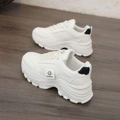 女士厚底运动鞋，2025新款轻便厚底鞋，适合春秋季运动造型，白色系带女鞋