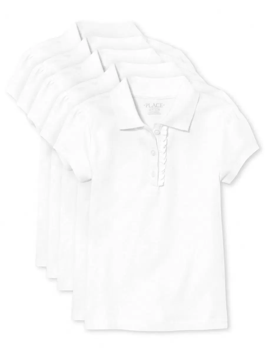 The Children's PLACE Girls Uniform Short Sleeve Ruffle Pique Polo 5-Pack Navy Blue White - 白色 - 查看 1