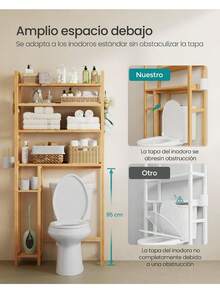 Estantería de Almacenamiento sobre el Inodoro, con Soporte para Papel Higiénico, Organizador de Baño de Bambú con Estantes Ajustables, 4 Ganchos, Blanco Nube MBTS017W01 - Beige natural - Ver 6