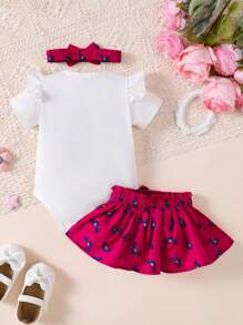 H HIBOBI 3pcs/Set Baby Girls Spring/Summer Short Sleeve Eid Mubarak Printed Romper, Skirt And Headband Set