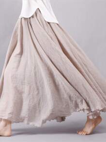 Women A-Line Long Skirt Solid Color Elastic Flowy Skirt High Waist Fold Pleated Skirt Maxi Women Outfit - Màu be - Xem 2