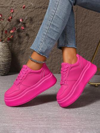 Women's Metal Toe Round Toe Thick Bottom Chunky Sneakers, Slimming & Shock-Absorbing Wedge Heel Platform Shoes For Autumn/Winter