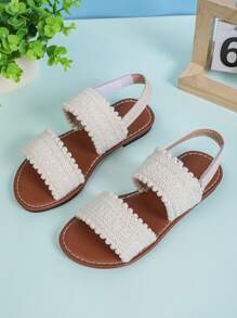 1 Pair Beige Plus Size Girls' Flat Sandals, Solid Color Fabric Double Strap, Hook And Loop Closure, Round Toe Open Toe, Non-Slip Comfortable Fashion Parent-Child Sandals, Suitable For 3-15 Years Old Boys And Girls, Casual, Party, Holiday, Spring/Summer 2025 - Beige - View 2