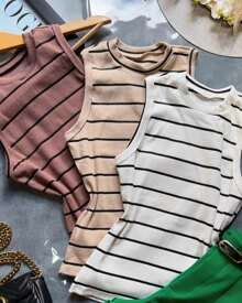 Regata Canelada Listrada e Lisa Ribana Camiseta Básica Blusa Dia a Dia Moda Gringa Regata Casual