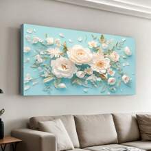 Framed-Canvas Print, White Flowers,  Blue Background, 3D Floral Art,  Elegant Wall Decor,  Minimalist Design,  Living Room Decor - Framed - View 2