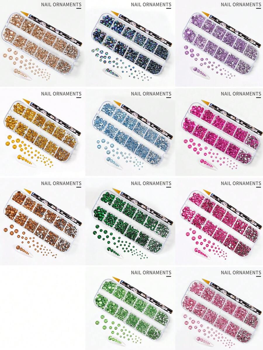 12 格 3D 平底美甲水钻，附赠 1 支水钻拾取蜡笔，约 1500 颗 2/3/4/5/6 毫米平底 Ab 水钻，适用于 DIY 工艺品、马克杯、瓶子、玻璃杯、衣服、化妆、指甲、美甲，水晶宝石 DIY 指甲饰物、指甲用品 - 彩色 - 查看 1