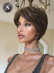 8英寸棕色短直刘海合成假发：外观自然，耐热，适合派对、角色扮演和日常佩戴