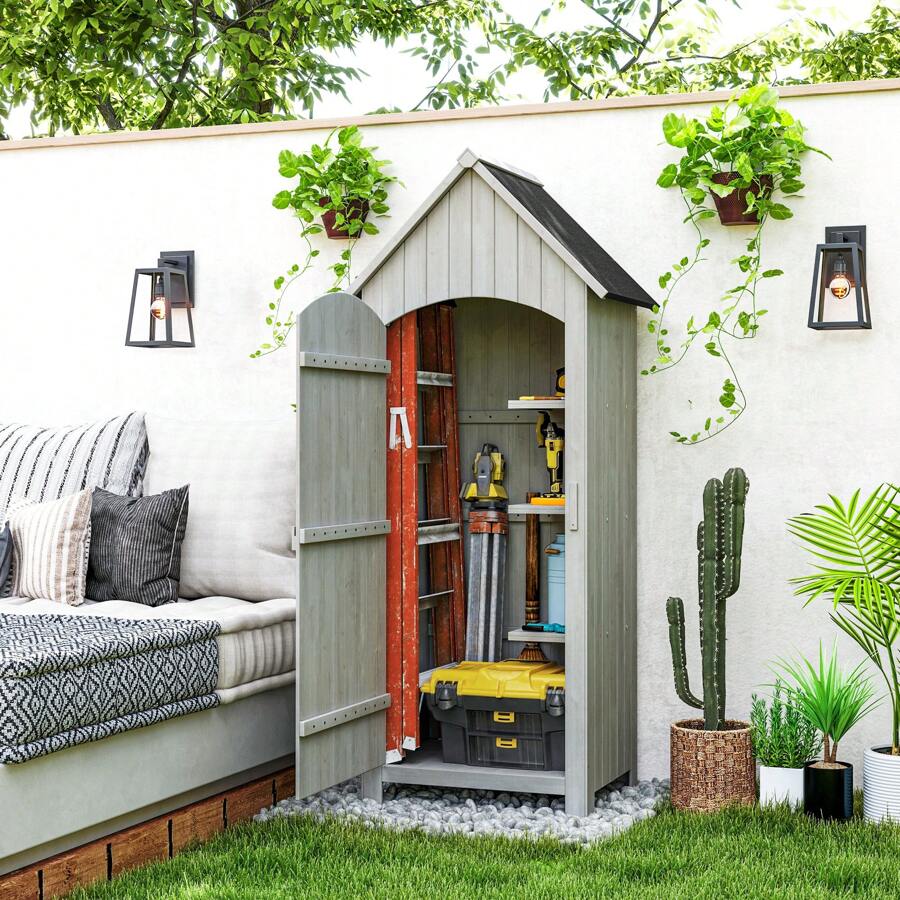 Outsunny Abri de jardin en bois cabane de jardin exterieur armoire de jardin avec toit bitumé 3 étagères porte avec loquet rangement et stockage extérieurs pour terrasse 77,5 x 54,2 x 179,5 cm gris
