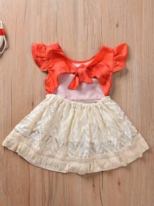 Toddler Baby Girls Summer Rompers Short Sleeve Floral Print Bodysuit Lace Ruffle Tulle Skirt Hem - 米色 - 查看 4