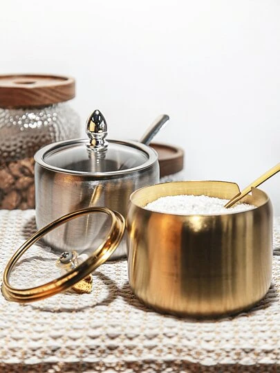 300ml Stainless Steel Sugar Bowl With Glass Lid And Spoon - Gold/Silver, Perfect For Coffee, Tea, Spices, Home And Office Use