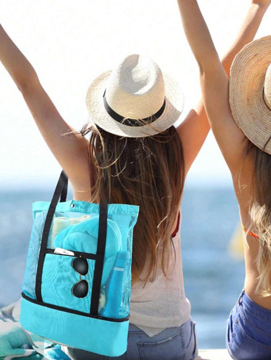 1 buc geantă de picnic pentru plajă, izolație pentru plajă și conservare a gheții (închidere cu fermoar, direcție aleatorie), geantă de picnic pentru plajă, conservare a căldurii, pentru femei, plasă transparentă, dublu strat, depozitare, capacitate mare, cumpărături, impermeabile, geantă de birou, prânz, gustări, geantă pentru școală, accesorii școlare, lucruri școlare