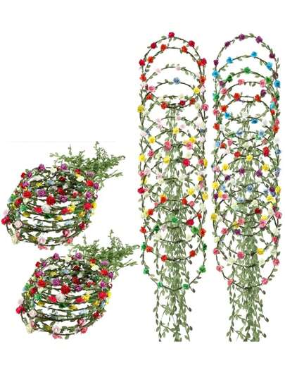 5pcs Vibrant Flower Crown & Fairy Wreath Kit - Colorful Floral Garland Headbands With Green Leaves For Women - Ideal For Weddings, Festivals, Holidays & Photography Props, Flower Decorations