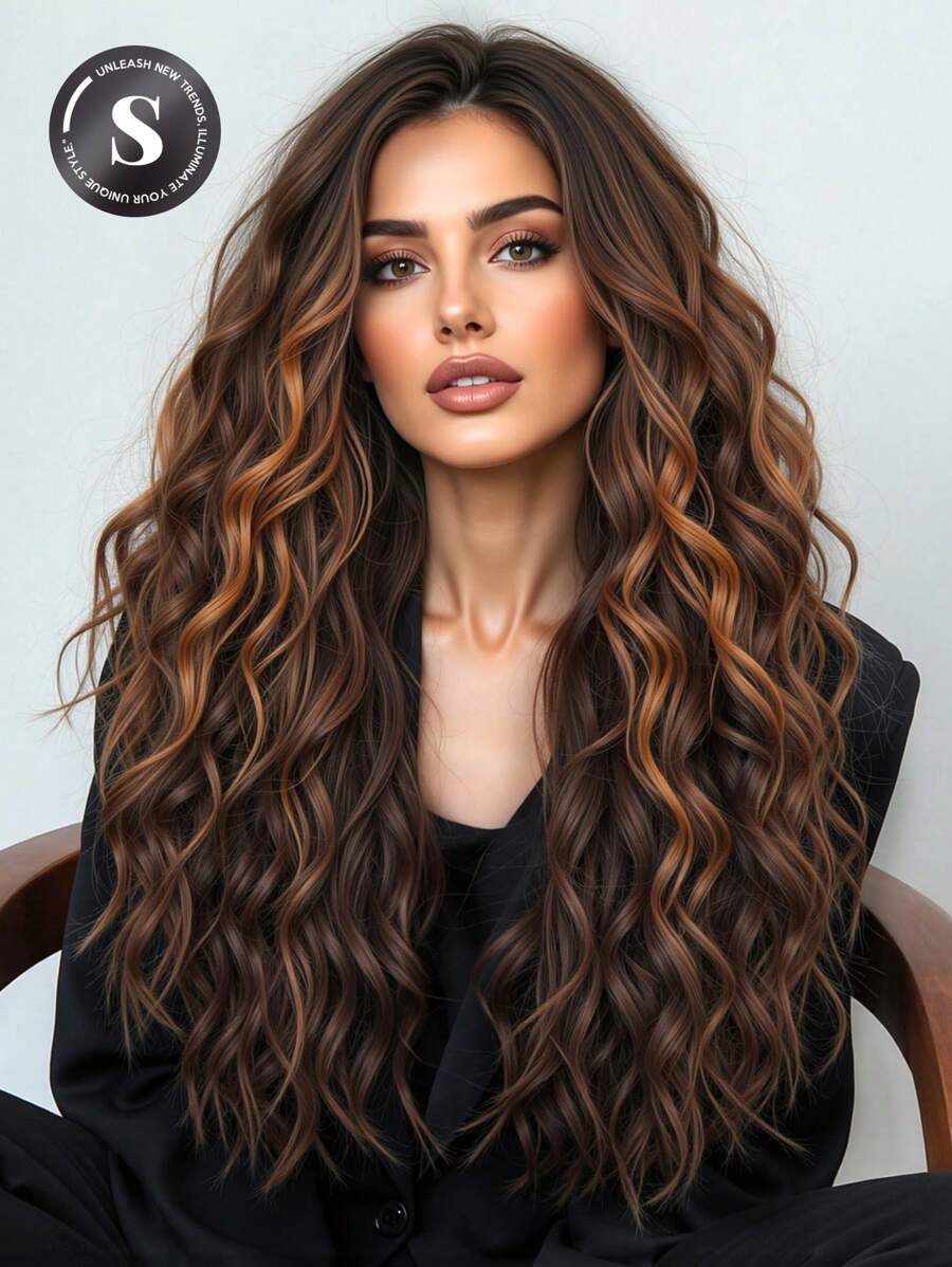 Tóc giả tổng hợp dài 28 inch, kiểu gợn sóng, không có mái: Ngoại hình tự nhiên, chịu nhiệt, phù hợp cho các bữa tiệc, cosplay và sử dụng hàng ngày. - Màu nâu highlight - Xem 1