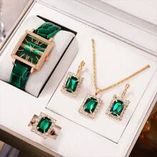 4-Piece Set Luxury Women Watch With Roman Numeral Dial, Leather Strap + Necklace + Earrings + Ring